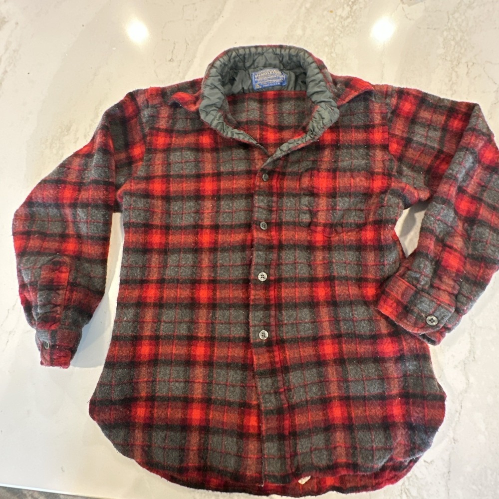 Vintage 60s Pendleton Red Plaid Wool Shirt Jacket Girls 12 large/ blue gold tag